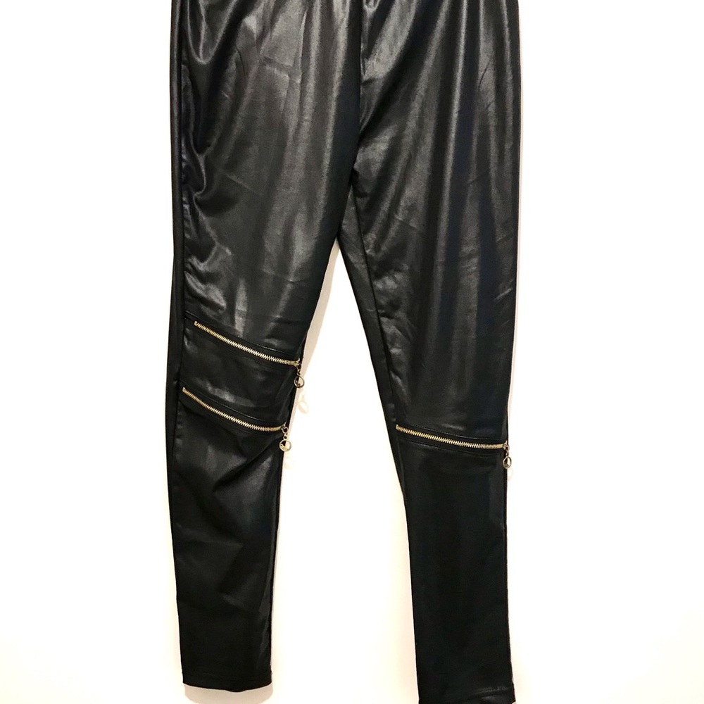 Riviera Black Vegan Leggings Brass Zipped Legs High Rise Waist Size L/XL